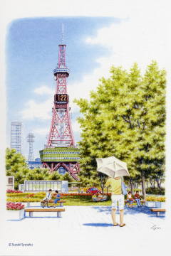 【ポストカード】さっぽろ色鉛筆日記＃１．夏の大通公園・テレビ塔