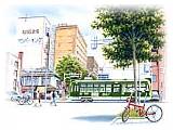【No.7】札幌市電・西８丁目／水彩色鉛筆画イラスト