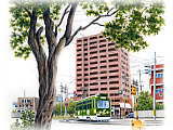 【No.14】札幌市電・電車事業所前／水彩色鉛筆画イラスト