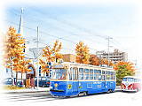 【No.23】札幌市電・ミュンヘン電車／水彩色鉛筆画イラスト