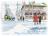 【No.24】札幌市電・西８丁目／水彩色鉛筆画イラスト