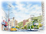 【No.38】札幌市電・ロープウェイ入口／水彩色鉛筆画イラスト